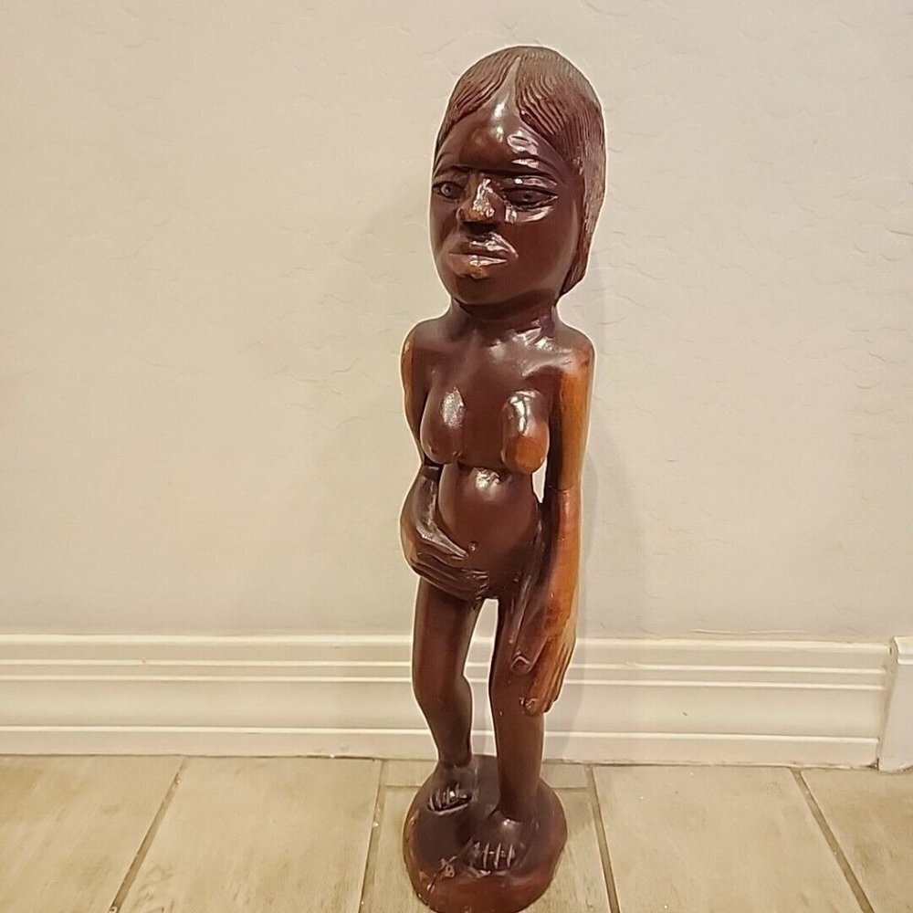 vintage jamaican Mahogany Maiden Pregnant Dark Wood 1984 Carving 19" Tall